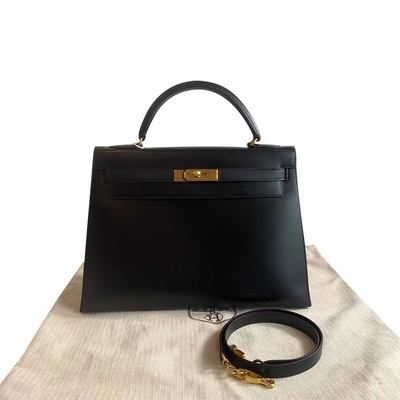HermèS Kelly 32 Túi hàng hiệu Preloved Đen Hộp phần cứng vàng Epsom Sellier Đen