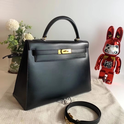 HermèS Kelly 32 Túi hàng hiệu Preloved Đen Hộp phần cứng vàng Epsom Sellier Đen