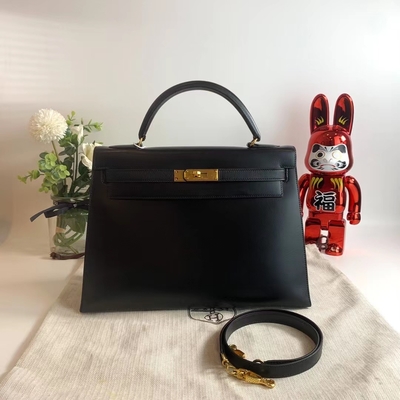 HermèS Kelly 32 Túi hàng hiệu Preloved Đen Hộp phần cứng vàng Epsom Sellier Đen