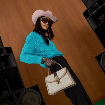 Túi đeo vai nhỏ GG Gucci Ophidia dành cho nữ Túi vải tối cao màu be và trắng