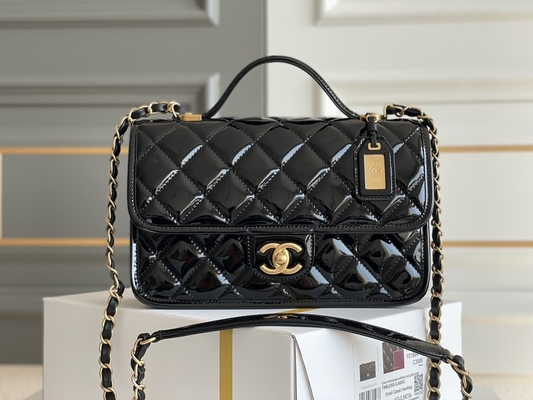 Túi nắp gập Chanel 22k dành cho nữ 2022 Túi đậu hũ bằng da sáng chế Vàng đen