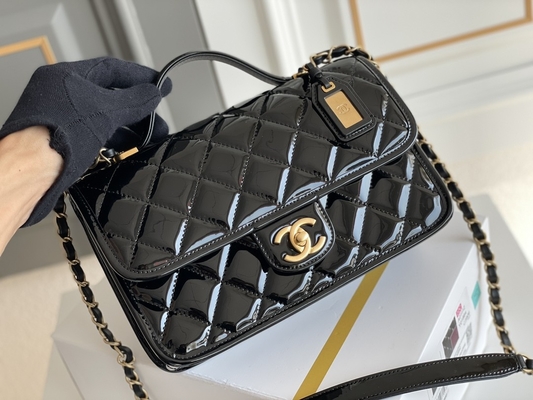 Túi nắp gập Chanel 22k dành cho nữ 2022 Túi đậu hũ bằng da sáng chế Vàng đen