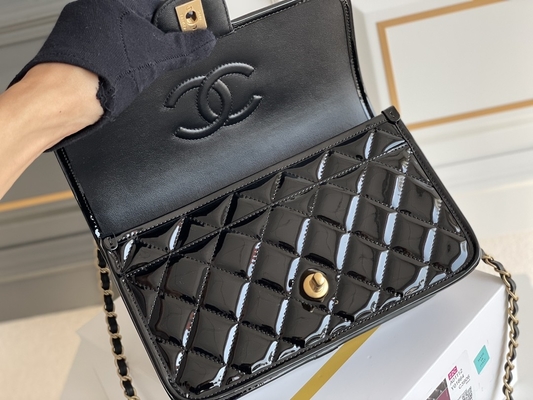 Túi nắp gập Chanel 22k dành cho nữ 2022 Túi đậu hũ bằng da sáng chế Vàng đen