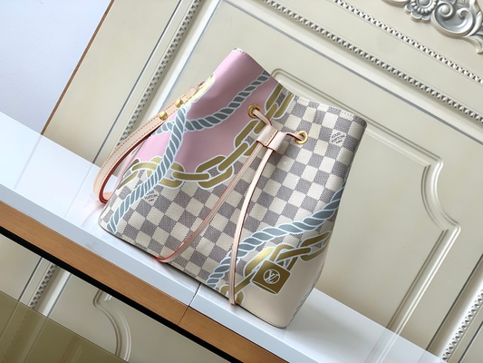 Túi vải bố thương hiệu LV Damier Azur màu trắng hồng NéONoé MM Bucket Bag