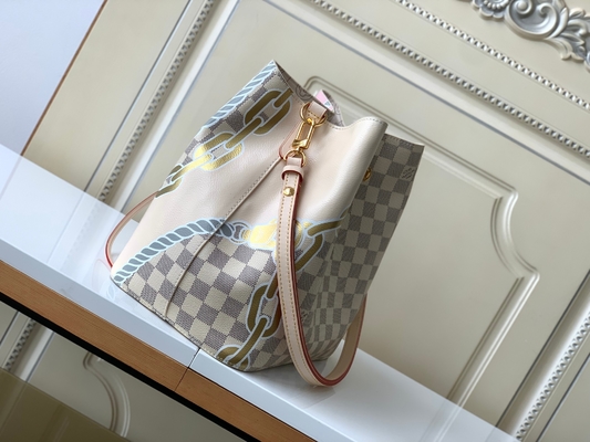 Túi vải bố thương hiệu LV Damier Azur màu trắng hồng NéONoé MM Bucket Bag
