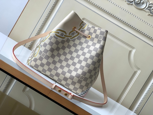 Túi vải bố thương hiệu LV Damier Azur màu trắng hồng NéONoé MM Bucket Bag