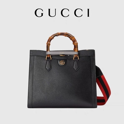 Da đen trung bình Công chúa Diana Túi Gucci Tote Tay cầm bằng tre