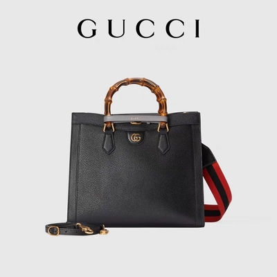Da đen trung bình Công chúa Diana Túi Gucci Tote Tay cầm bằng tre