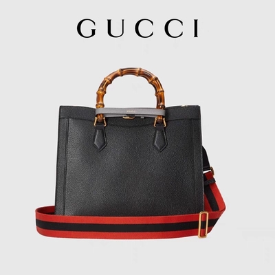 Da đen trung bình Công chúa Diana Túi Gucci Tote Tay cầm bằng tre