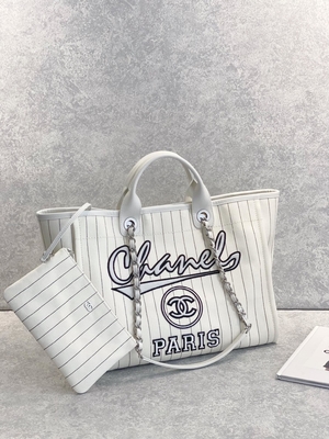 Túi Tote Chanel Deauville 30cm 23P Trắng Sọc Đen Ecru