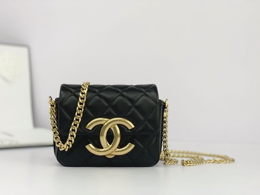 Túi Messenger hàng hiệu bằng da cừu màu đen Giá đỡ điện thoại nắp gập Chanel