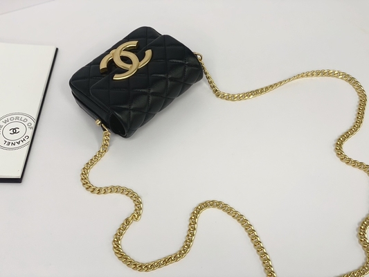 Túi Messenger hàng hiệu bằng da cừu màu đen Giá đỡ điện thoại nắp gập Chanel
