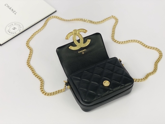 Túi Messenger hàng hiệu bằng da cừu màu đen Giá đỡ điện thoại nắp gập Chanel
