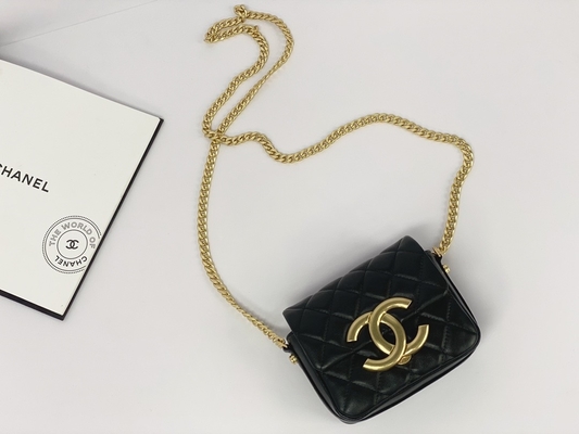Túi Messenger hàng hiệu bằng da cừu màu đen Giá đỡ điện thoại nắp gập Chanel